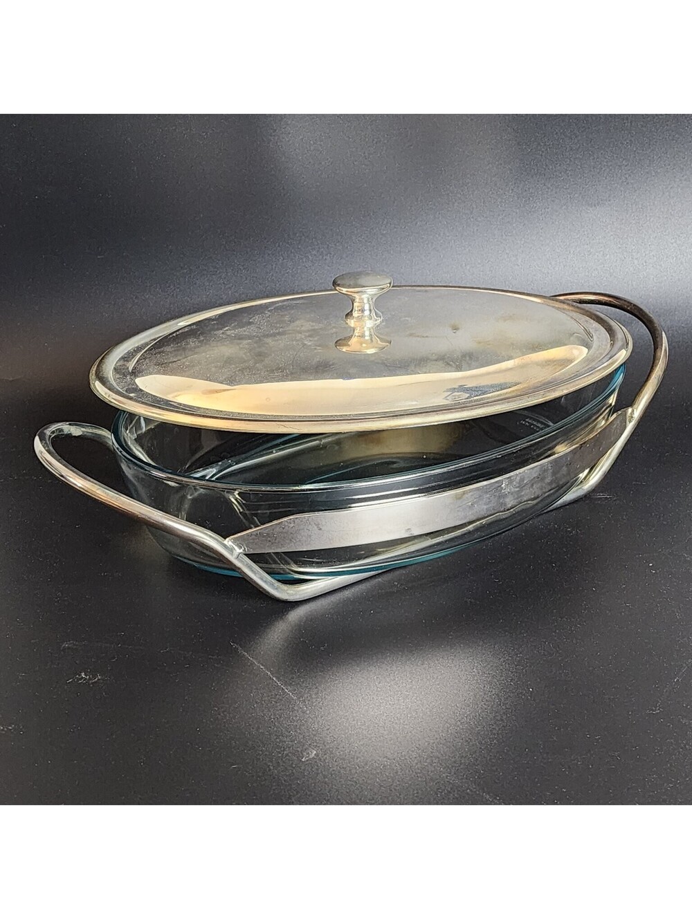 Marinex Glass Oval Baking Dish Casserole w/ Silver Plated Lid & Warmer Stand